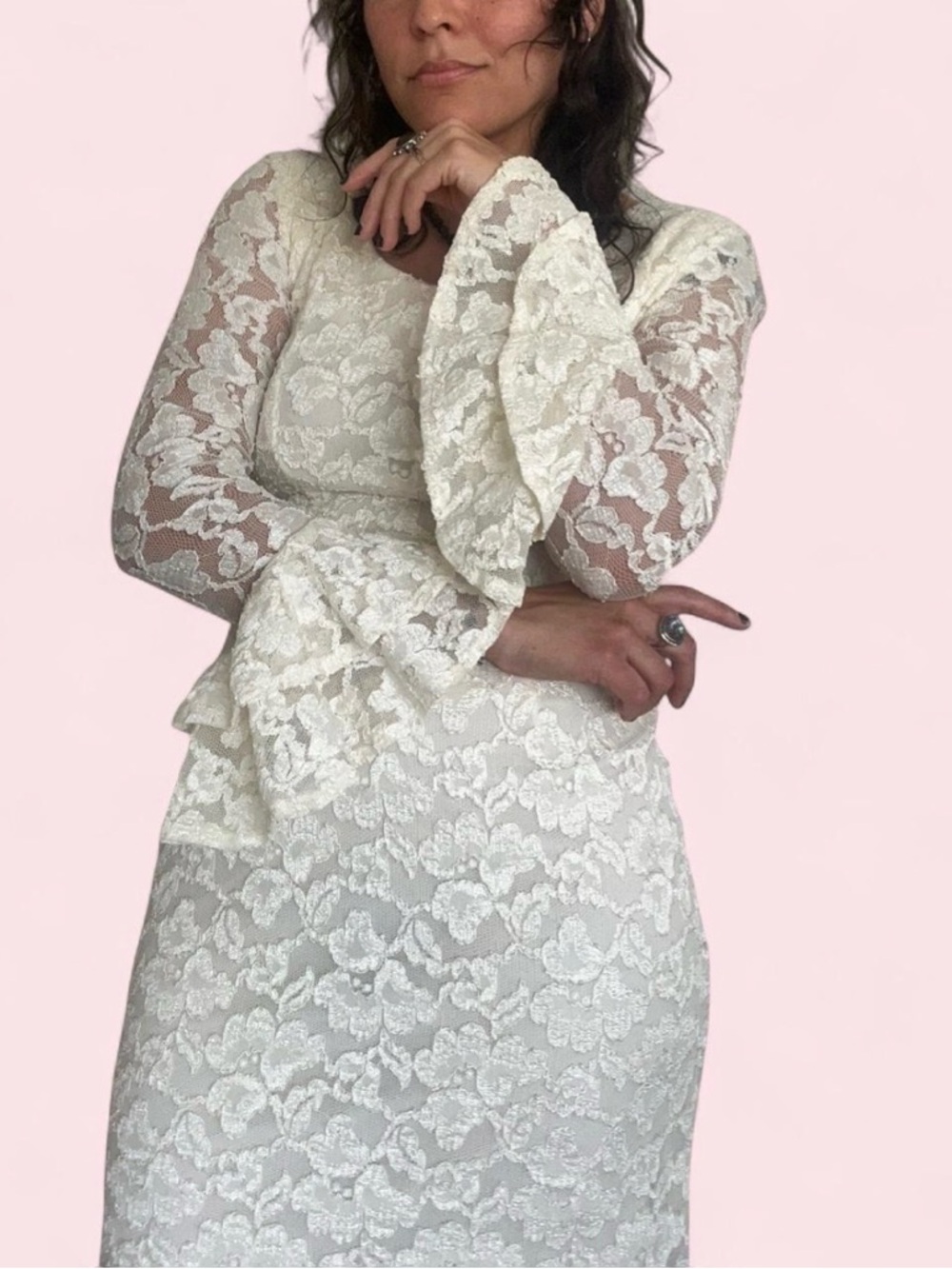 Lace Bell-Sleeve Midi Dress in Ivory